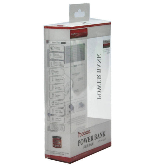 Custom Printed Clear PET Plastic Box with Hang Tab, Power Bank Transparent Packaging Box for Mobile Accessories
